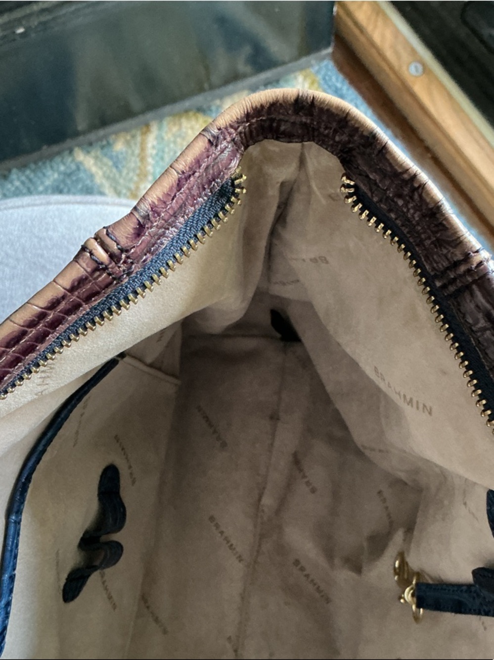 Brahmin Navy Croc-Embossed Tote with Brown Trim and Gold Hardware - Picture 6 of 9